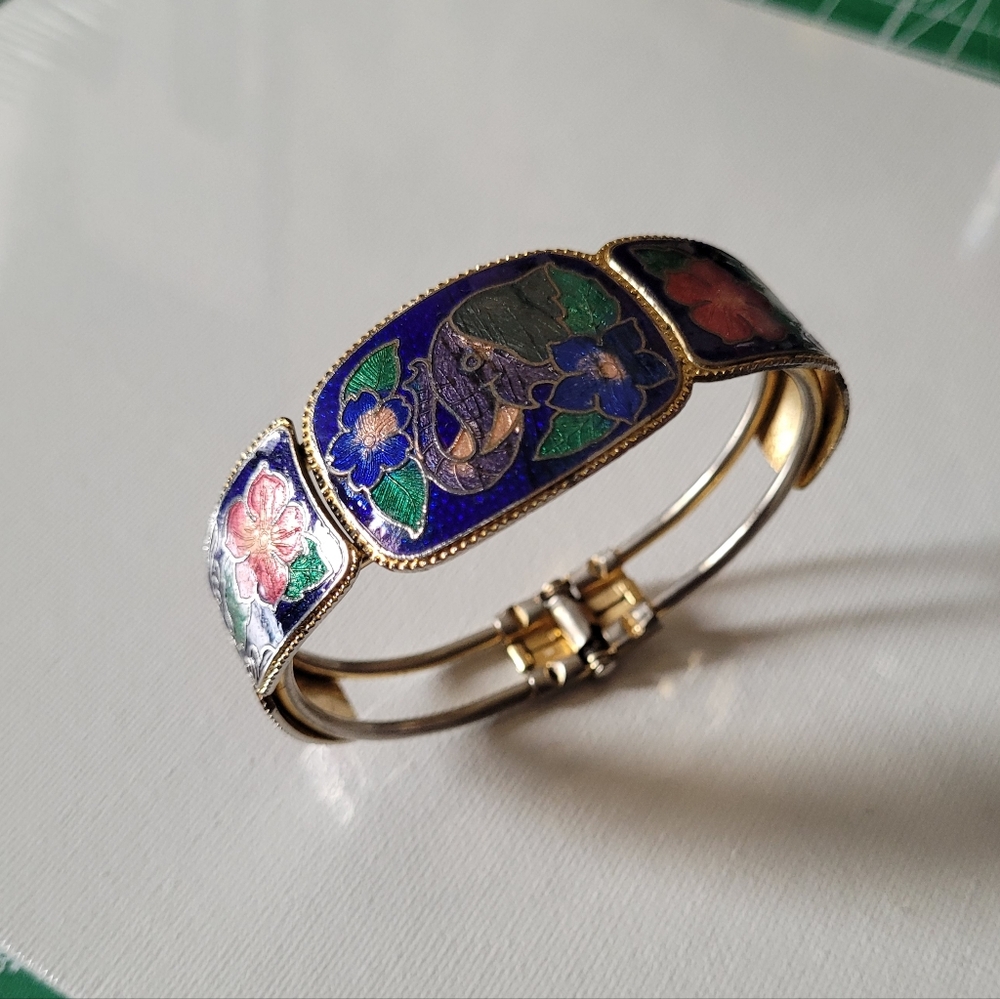 Blue Elephant Bangle, Gold, Bracelette, Floral, Flower, Vintage